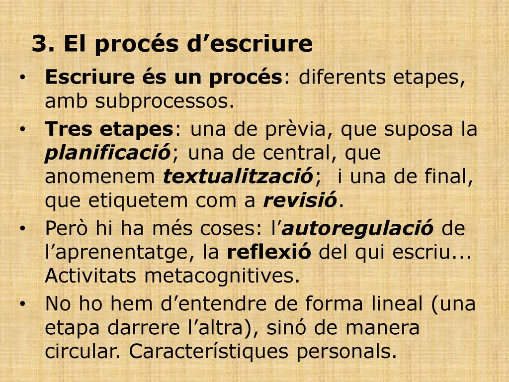 3. El procés d’escriure Escriure és un procés: diferents etapes, amb subprocessos.