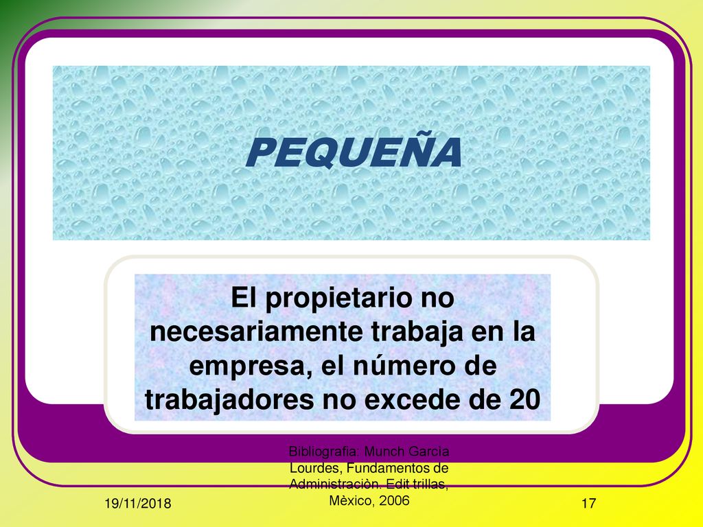 PEQUEÑA El propietario no necesariamente trabaja en la empresa, el número de trabajadores no excede de 20.