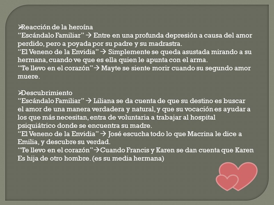 Reacción de la heroína Escándalo Familiar  Entre en una profunda depresión a causa del amor perdido, pero a poyada por su padre y su madrastra.