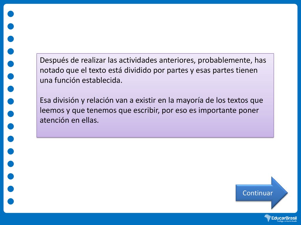 Después de realizar las actividades anteriores, probablemente, has notado que el texto está dividido por partes y esas partes tienen una función establecida.