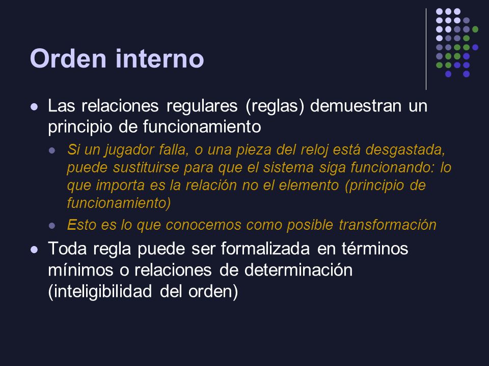 Orden interno Las relaciones regulares (reglas) demuestran un principio de funcionamiento.