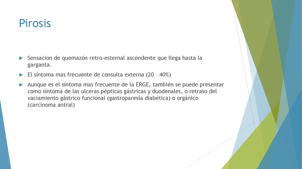 Pirosis Sensacion de quemazón retro-esternal ascendente que llega hasta la garganta. El síntoma mas frecuente de consulta externa (20 – 40%)