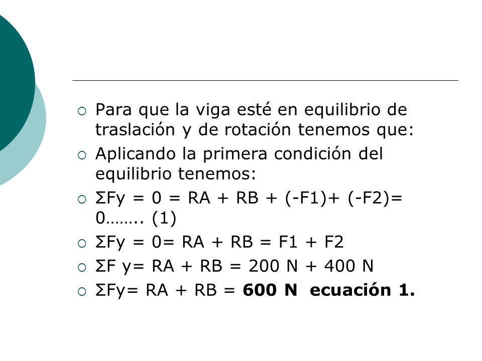 Para que la viga esté en equilibrio de traslación y de rotación tenemos que: