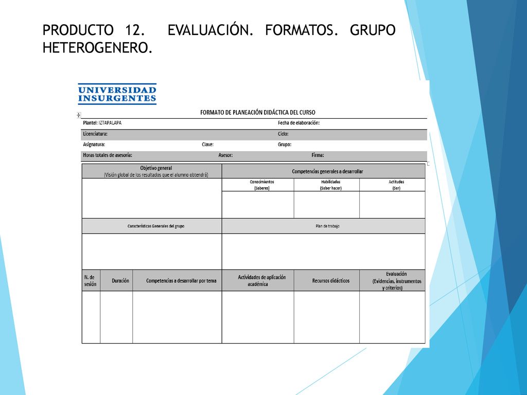 PRODUCTO 12. EVALUACIÓN. FORMATOS. GRUPO HETEROGENERO.