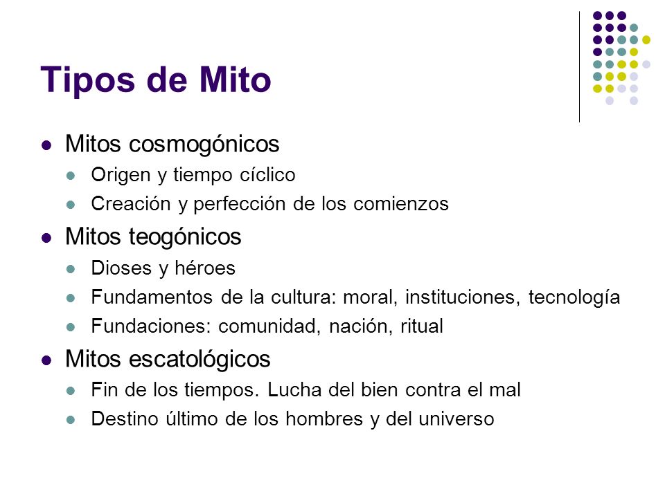 Tipos de Mito Mitos cosmogónicos Mitos teogónicos Mitos escatológicos
