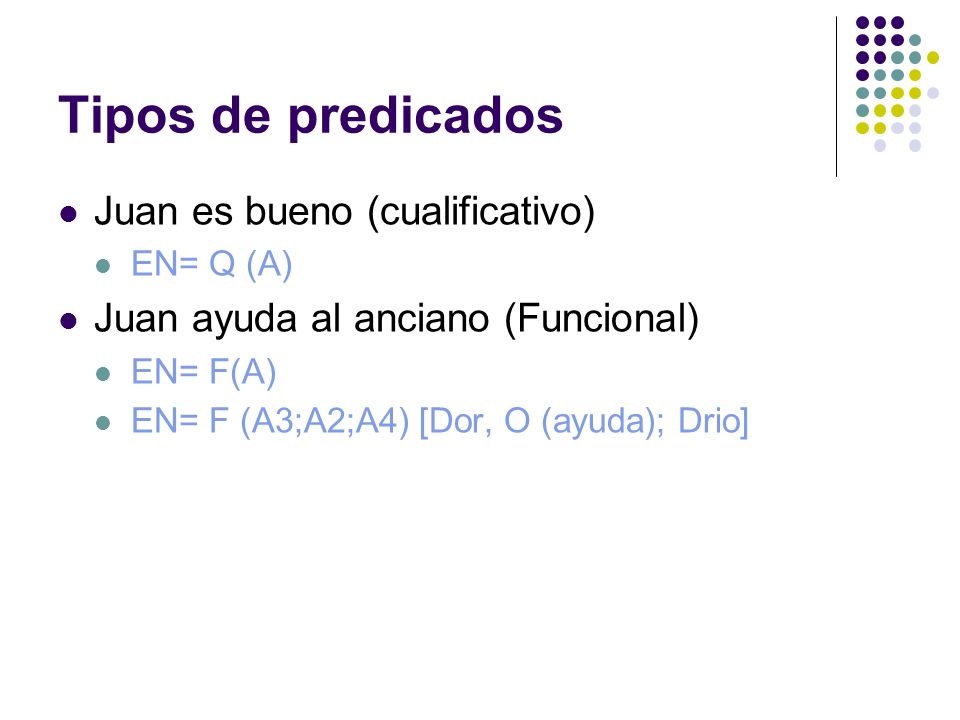 Tipos de predicados Juan es bueno (cualificativo)