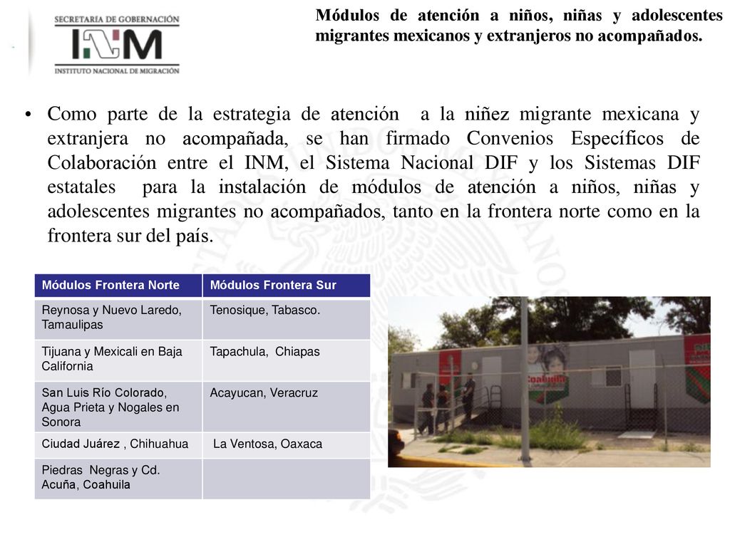 Módulos de atención a niños, niñas y adolescentes migrantes mexicanos y extranjeros no acompañados.
