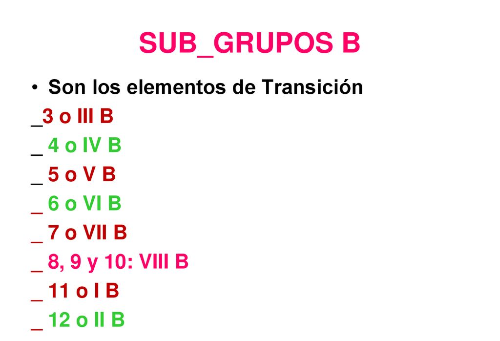 SUB_GRUPOS B Son los elementos de Transición _3 o III B _ 4 o IV B
