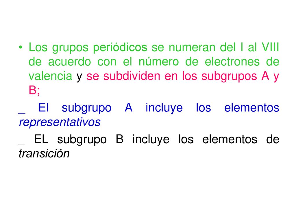 Los grupos periódicos se numeran del I al VIII de acuerdo con el número de electrones de valencia y se subdividen en los subgrupos A y B;