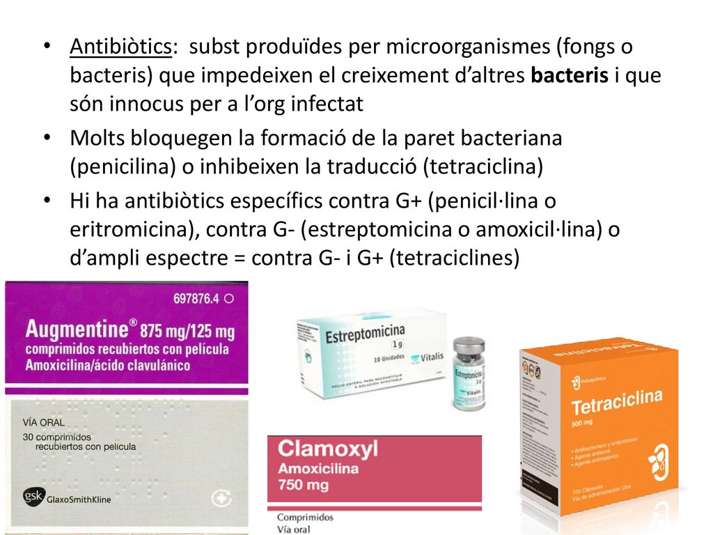 Antibiòtics: subst produïdes per microorganismes (fongs o bacteris) que impedeixen el creixement d’altres bacteris i que són innocus per a l’org infectat