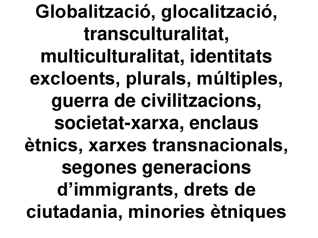 Globalització, glocalització, transculturalitat, multiculturalitat, identitats excloents, plurals, múltiples, guerra de civilitzacions, societat-xarxa, enclaus ètnics, xarxes transnacionals, segones generacions d’immigrants, drets de ciutadania, minories ètniques ...
