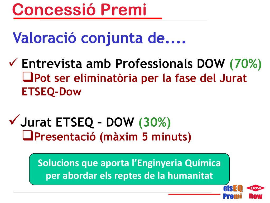 Concessió Premi Valoració conjunta de.... Jurat ETSEQ – DOW (30%)