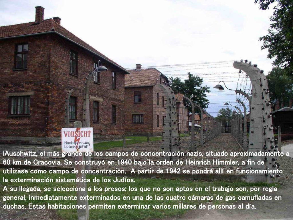 iAuschwitz, el más grande de los campos de concentración nazis, situado aproximadamente a 60 km de Cracovia. Se construyó en 1940 bajo la orden de Heinrich Himmler, a fin de utilizase como campo de concentración. A partir de 1942 se pondrá allí en funcionamiento la exterminación sistemática de los Judíos.