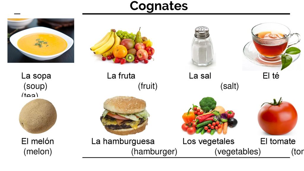 Cognates La sopa La fruta La sal El té (soup) (fruit) (salt) (tea)
