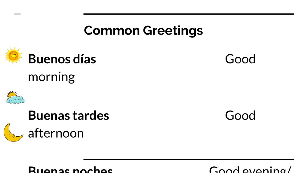 Common Greetings Buenos días Good morning. Buenas tardes Good afternoon.
