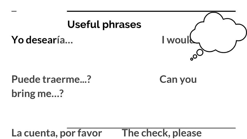 Useful phrases Yo desearía… I would like. Puede traerme... Can you bring me….