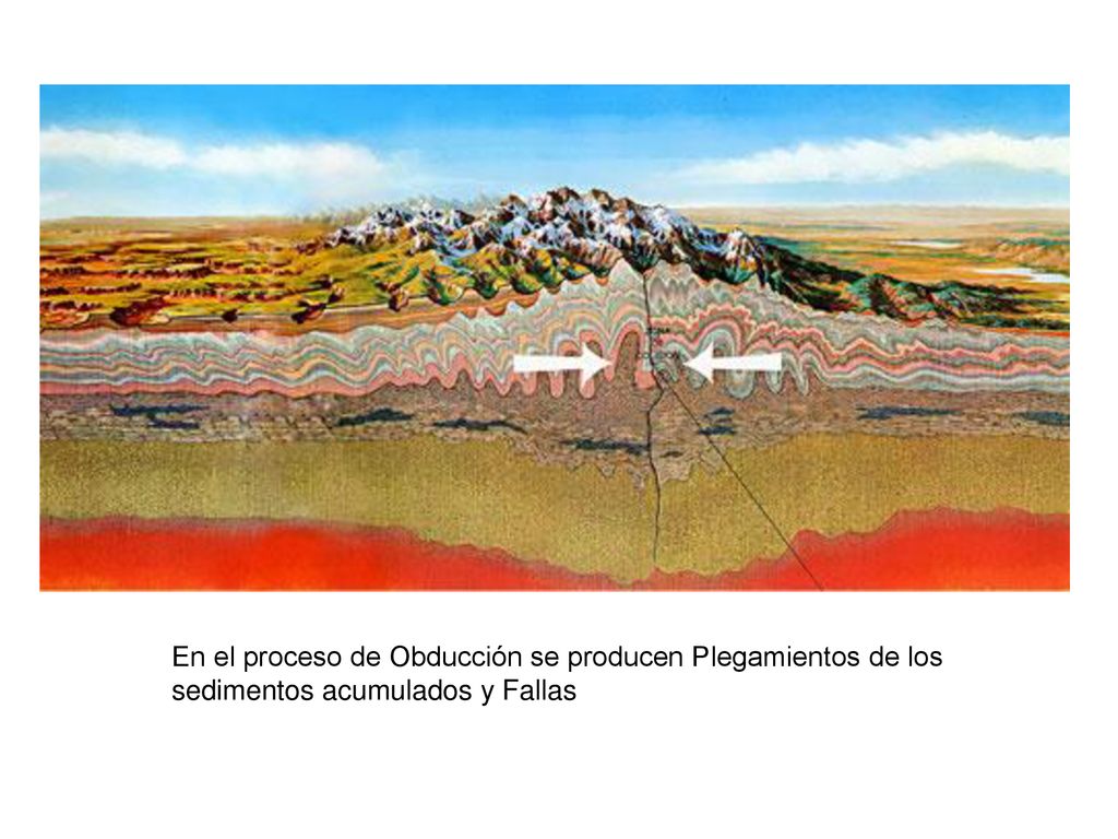 En el proceso de Obducción se producen Plegamientos de los sedimentos acumulados y Fallas