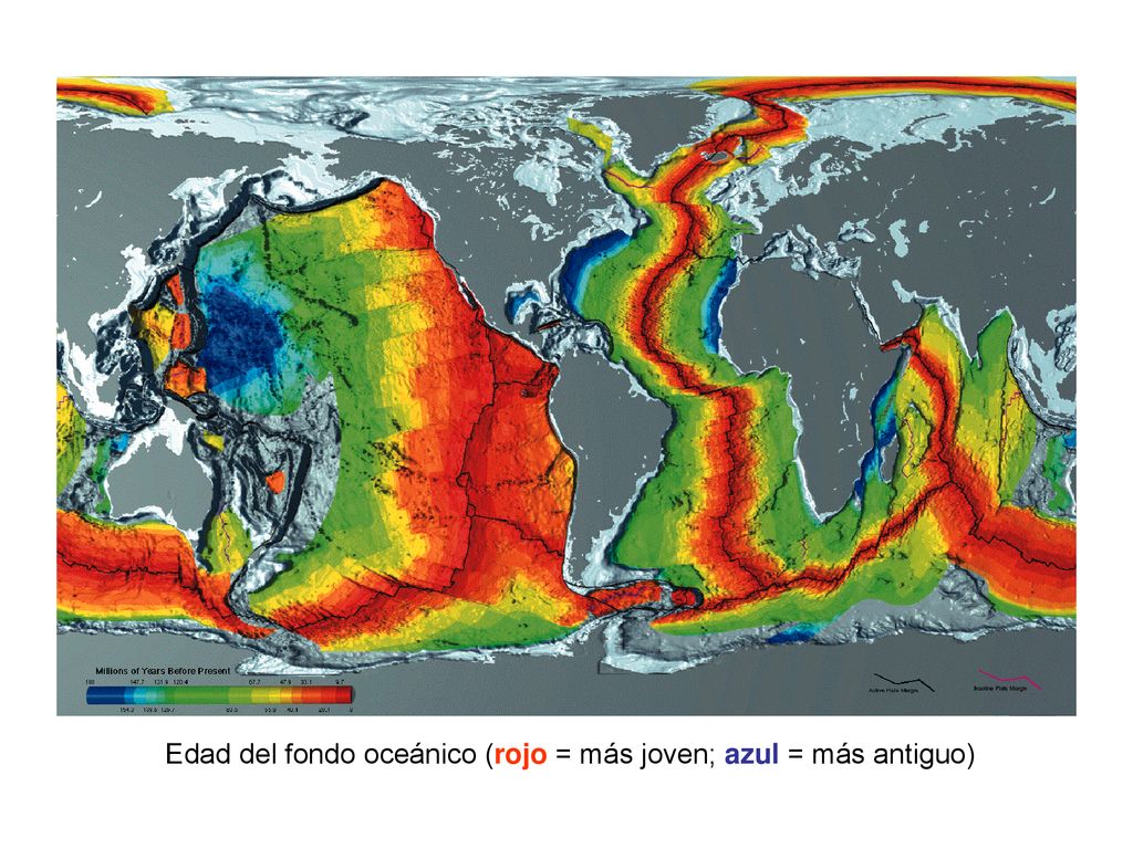 Edad del fondo oceánico (rojo = más joven; azul = más antiguo)