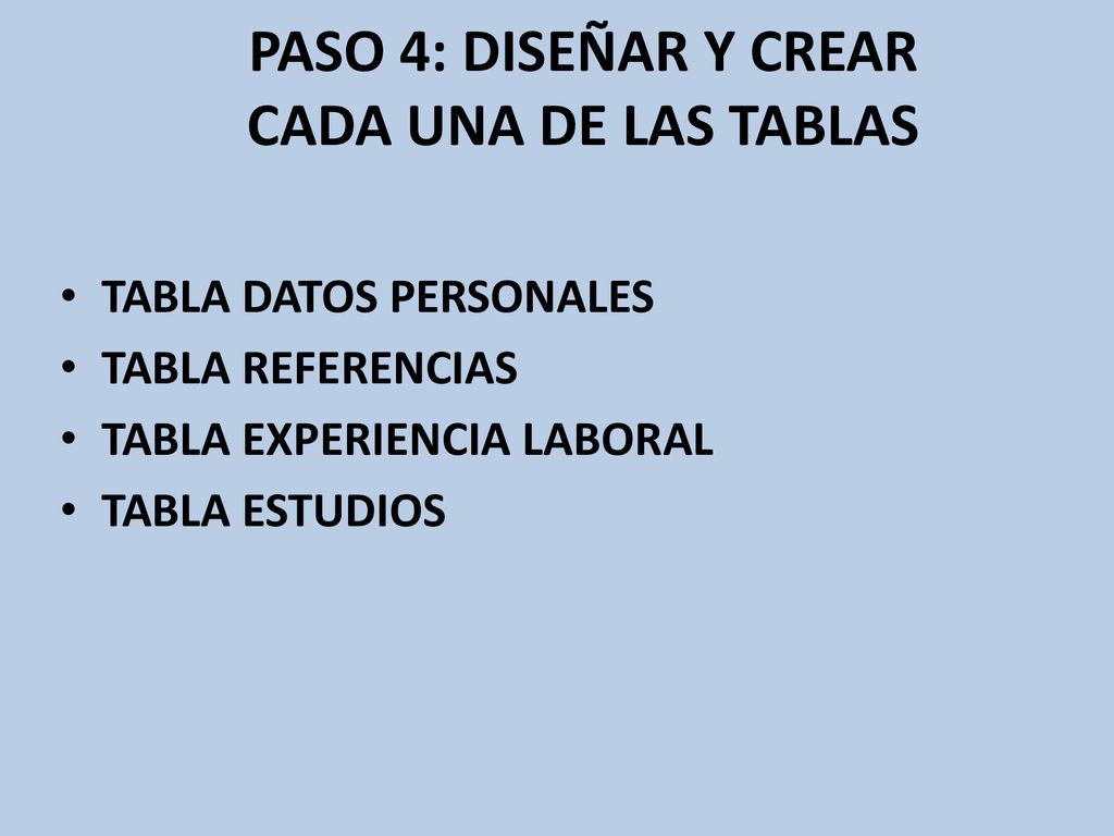 PASO 4: DISEÑAR Y CREAR CADA UNA DE LAS TABLAS
