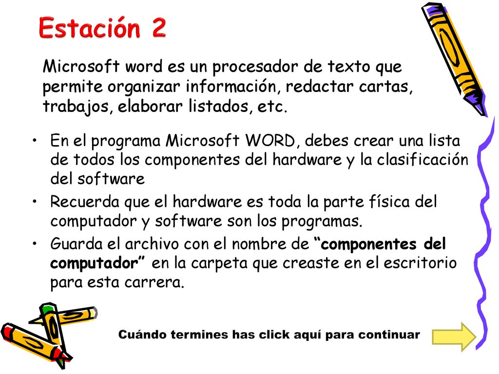 Estación 2 Microsoft word es un procesador de texto que permite organizar información, redactar cartas, trabajos, elaborar listados, etc.