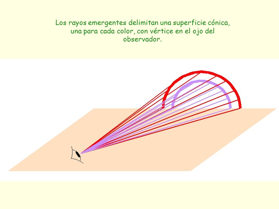 Los rayos emergentes delimitan una superficie cónica, una para cada color, con vértice en el ojo del observador.
