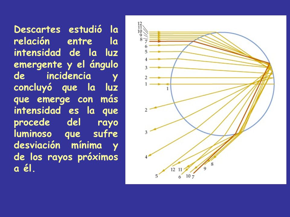 Descartes estudió la relación entre la intensidad de la luz emergente y el ángulo de incidencia y concluyó que la luz que emerge con más intensidad es la que procede del rayo luminoso que sufre desviación mínima y de los rayos próximos a él.