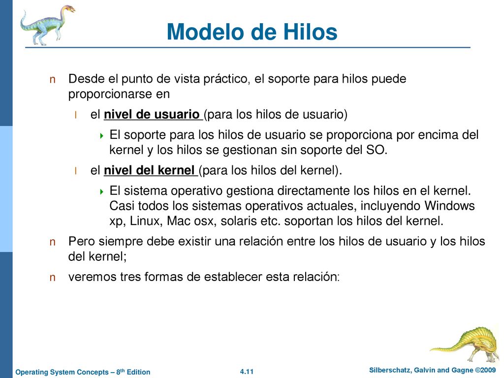 Modelo de Hilos Desde el punto de vista práctico, el soporte para hilos puede proporcionarse en. el nivel de usuario (para los hilos de usuario)