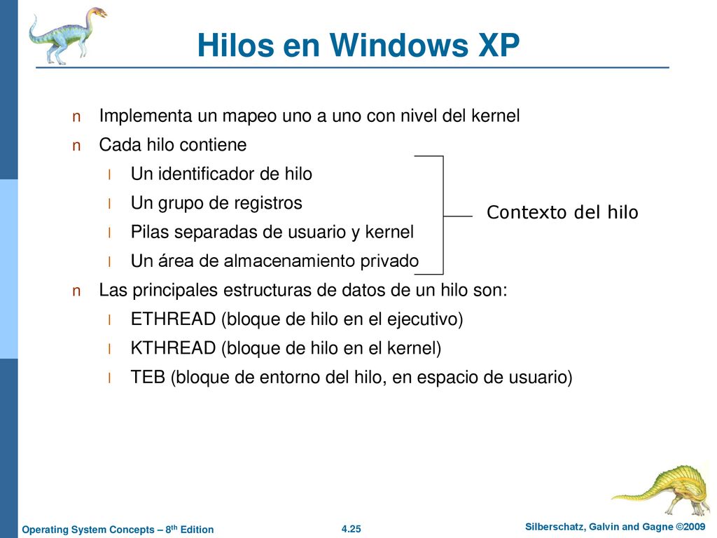 Hilos en Windows XP Implementa un mapeo uno a uno con nivel del kernel