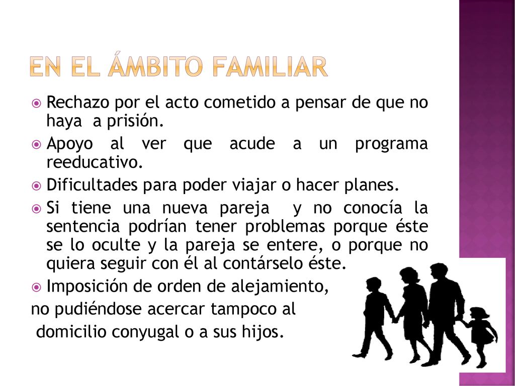 En el ámbito familiar Rechazo por el acto cometido a pensar de que no haya a prisión. Apoyo al ver que acude a un programa reeducativo.