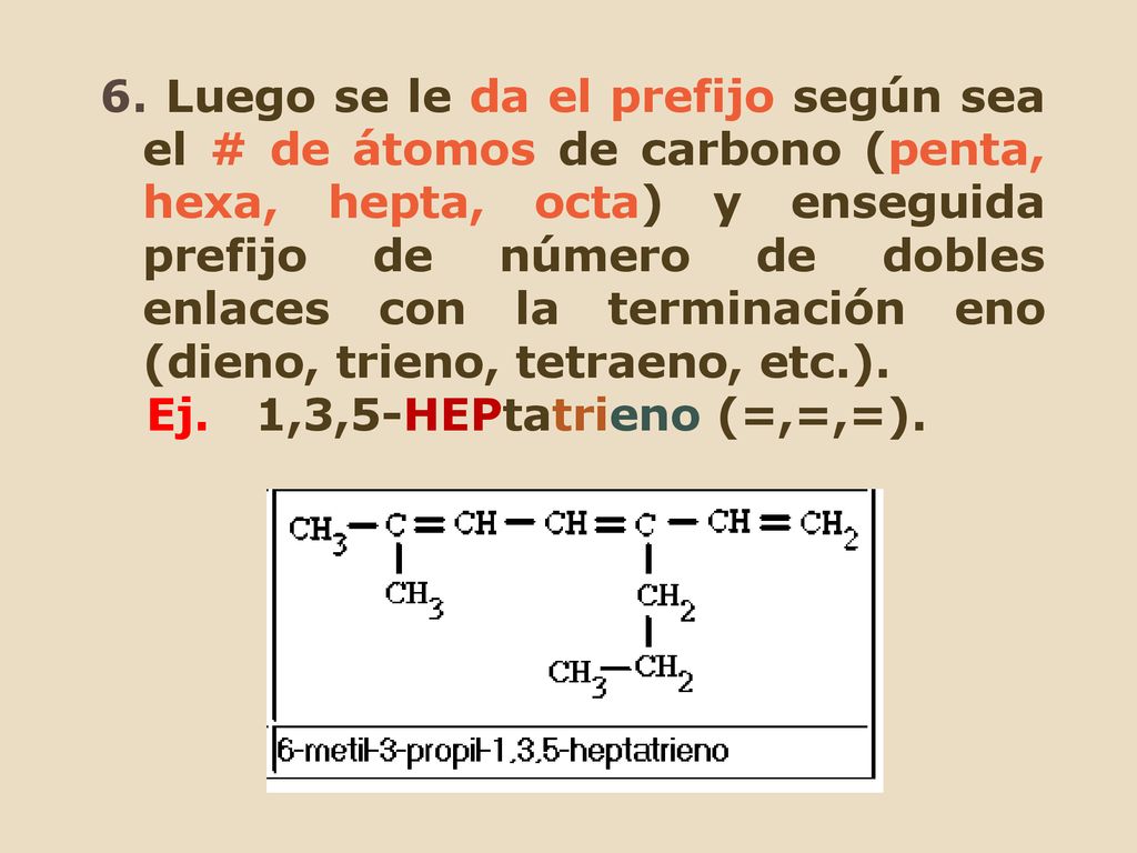 6. Luego se le da el prefijo según sea el # de átomos de carbono (penta, hexa, hepta, octa) y enseguida prefijo de número de dobles enlaces con la terminación eno (dieno, trieno, tetraeno, etc.).