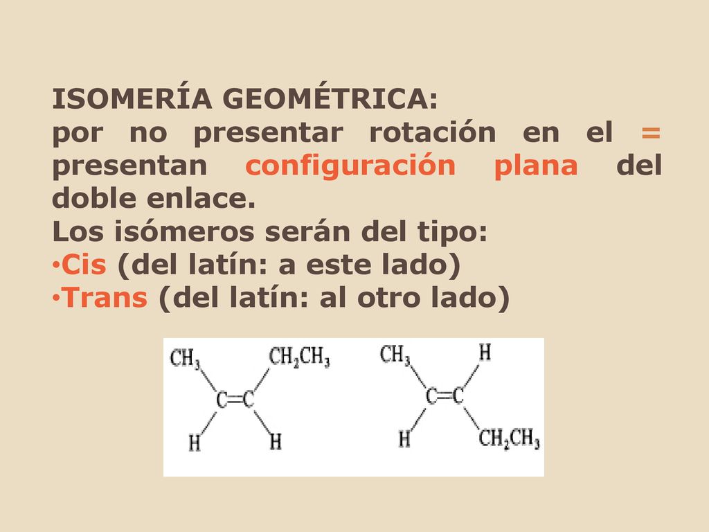 ISOMERÍA GEOMÉTRICA: por no presentar rotación en el = presentan configuración plana del doble enlace.