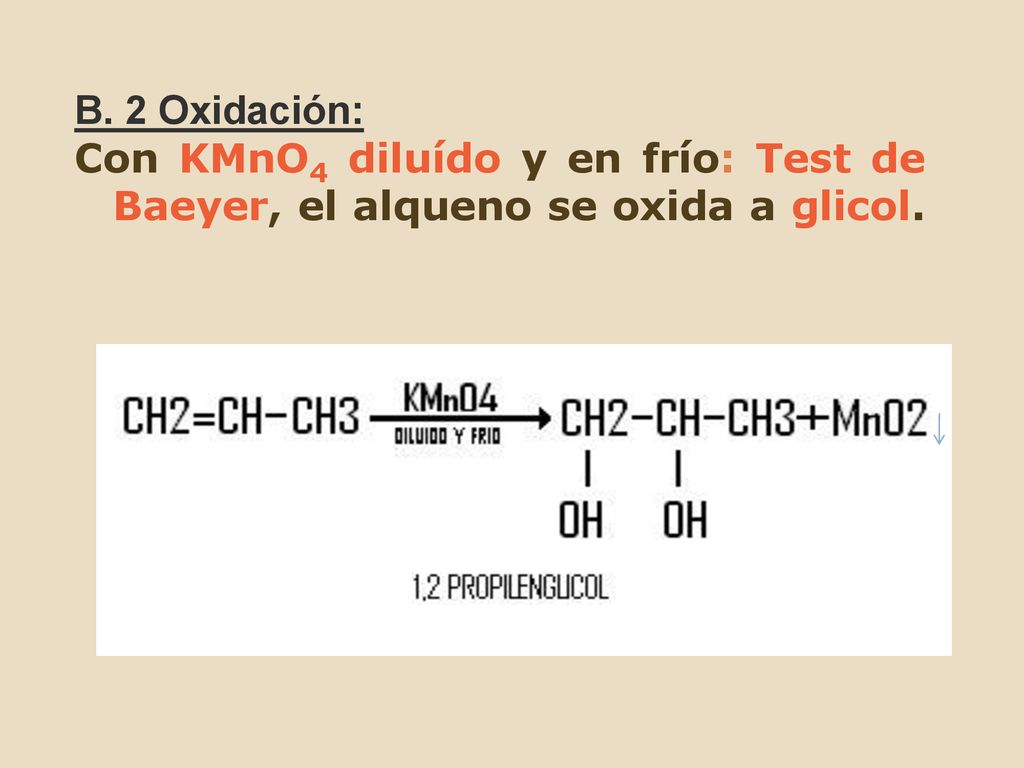 B. 2 Oxidación: Con KMnO4 diluído y en frío: Test de Baeyer, el alqueno se oxida a glicol.
