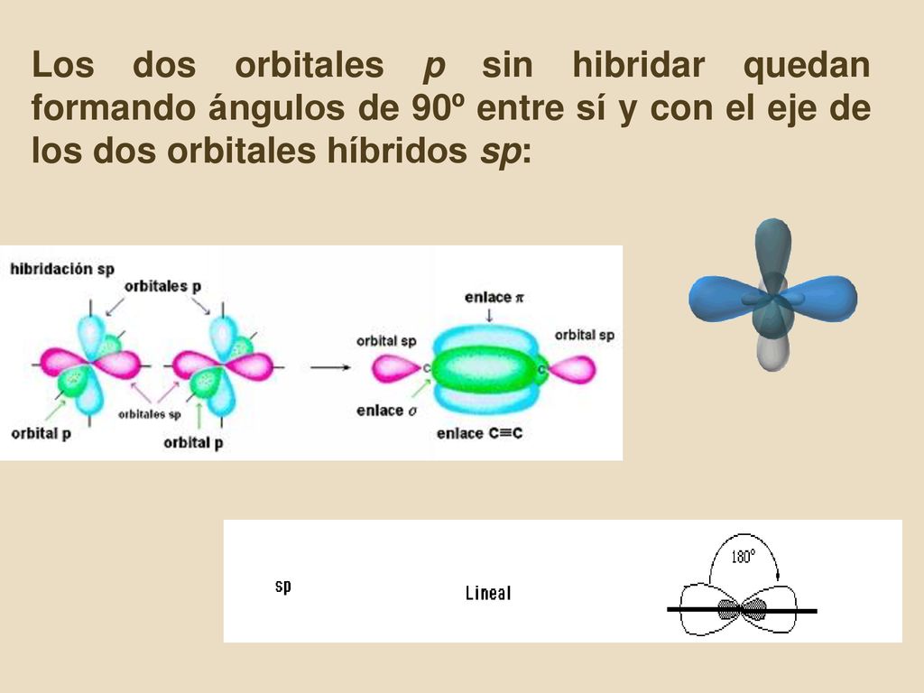 Los dos orbitales p sin hibridar quedan formando ángulos de 90º entre sí y con el eje de los dos orbitales híbridos sp: