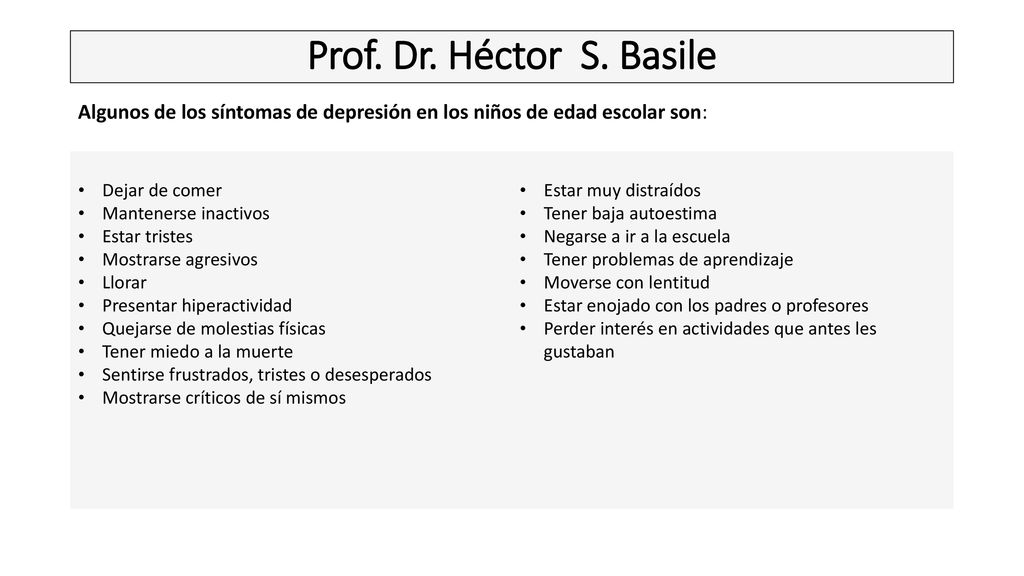 Prof. Dr. Héctor S. Basile Algunos de los síntomas de depresión en los niños de edad escolar son: Dejar de comer.