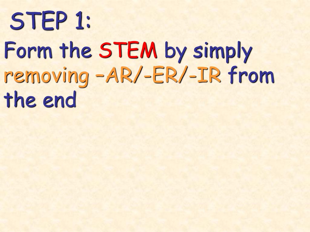 STEP 1: Form the STEM by simply removing –AR/-ER/-IR from the end