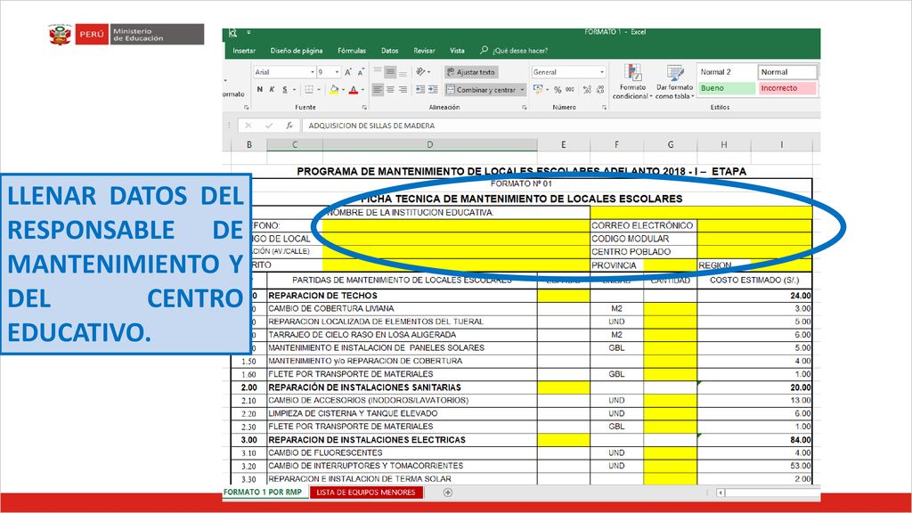 LLENAR DATOS DEL RESPONSABLE DE MANTENIMIENTO Y DEL CENTRO EDUCATIVO.