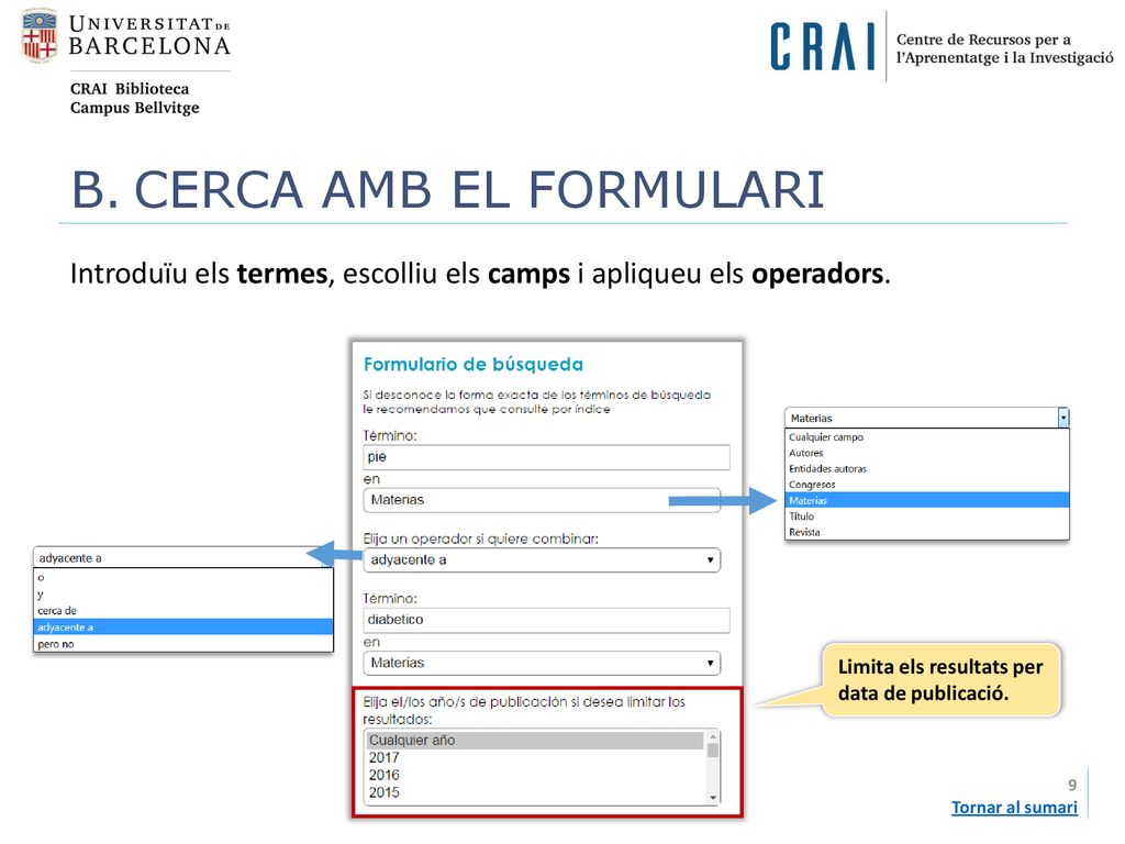 CERCA AMB EL FORMULARI Introduïu els termes, escolliu els camps i apliqueu els operadors. Limita els resultats per data de publicació.
