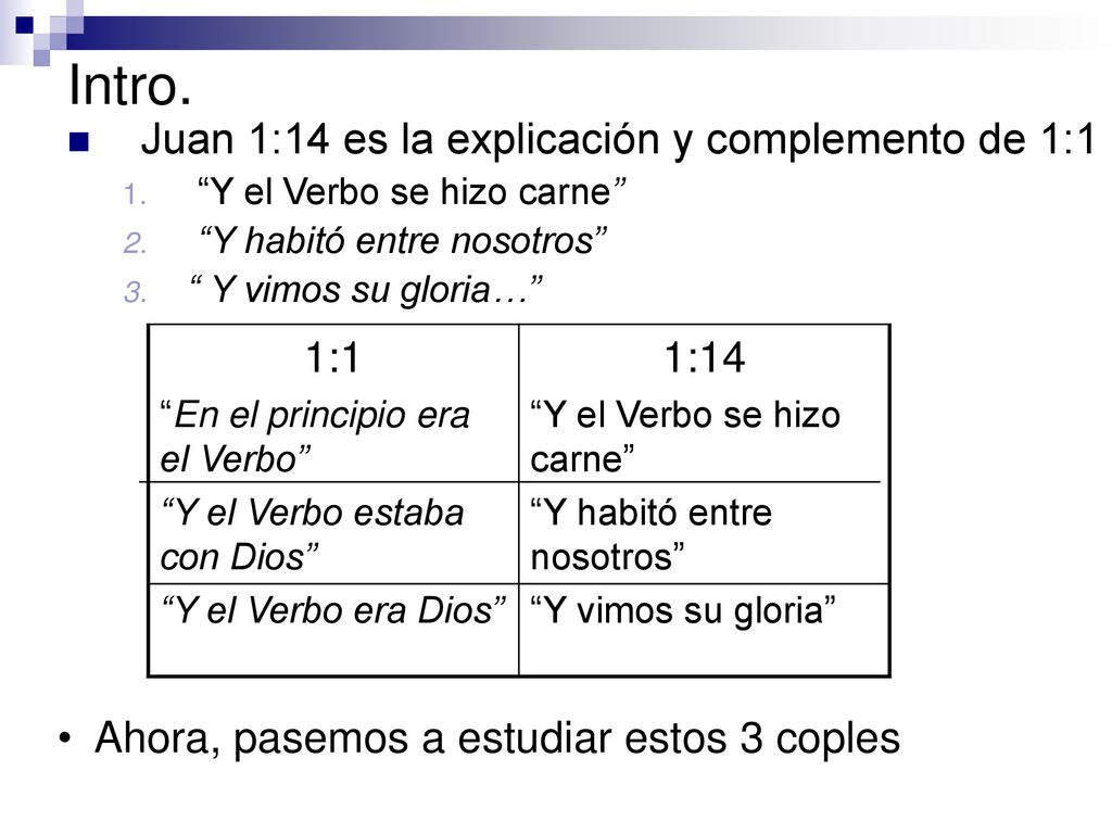 Intro. Juan 1:14 es la explicación y complemento de 1:1 1:1 1:14