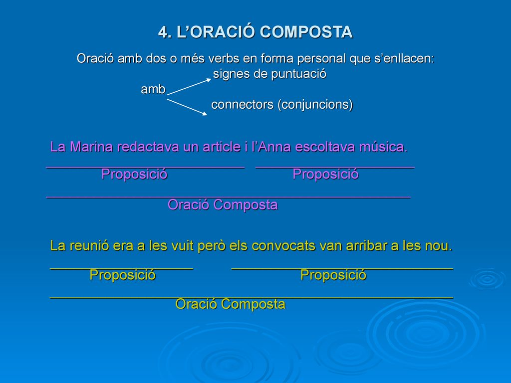 4. L’ORACIÓ COMPOSTA Oració amb dos o més verbs en forma personal que s’enllacen: signes de puntuació.