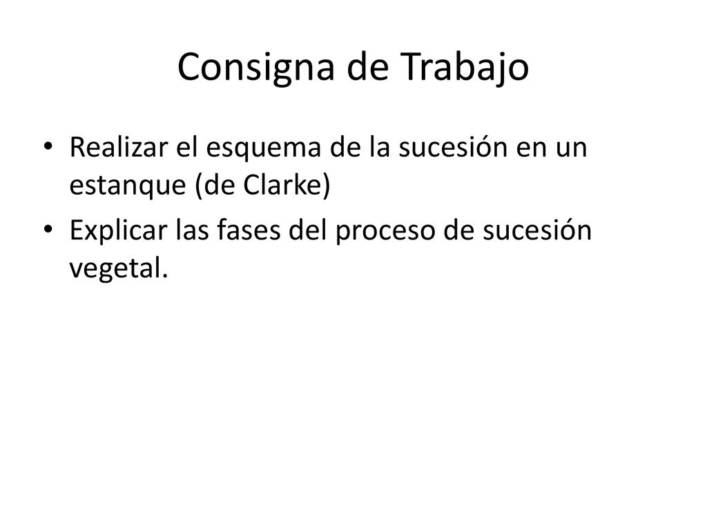 Consigna de Trabajo Realizar el esquema de la sucesión en un estanque (de Clarke) Explicar las fases del proceso de sucesión vegetal.