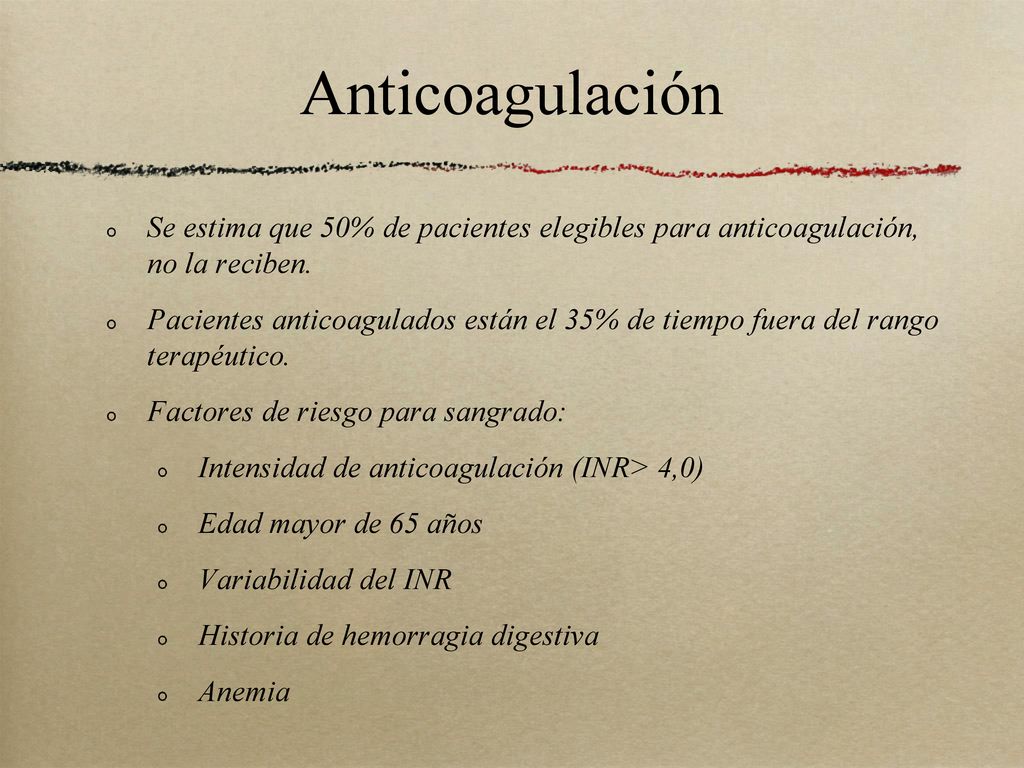 Anticoagulación Se estima que 50% de pacientes elegibles para anticoagulación, no la reciben.