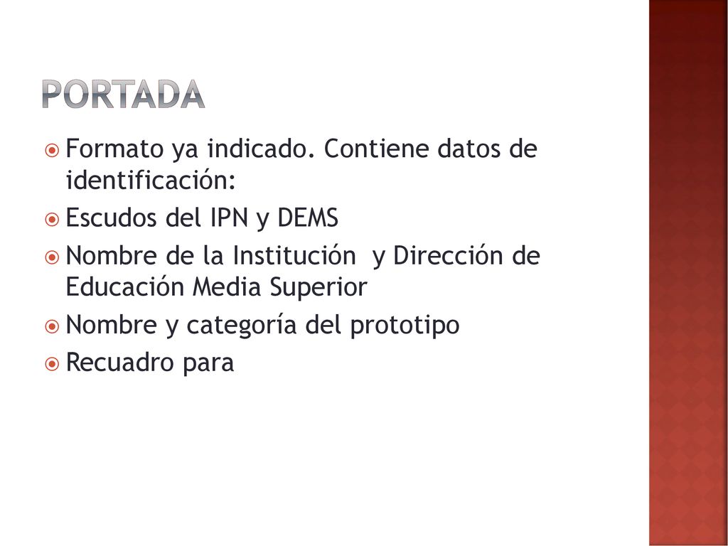 Portada Formato ya indicado. Contiene datos de identificación: