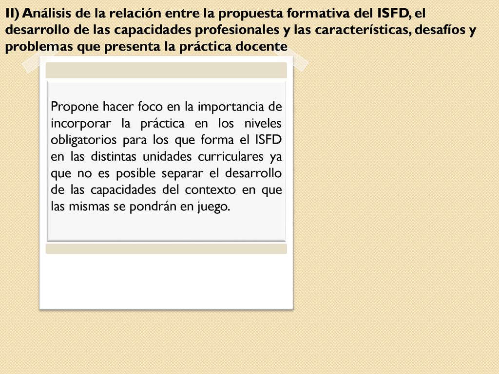 II) Análisis de la relación entre la propuesta formativa del ISFD, el desarrollo de las capacidades profesionales y las características, desafíos y problemas que presenta la práctica docente