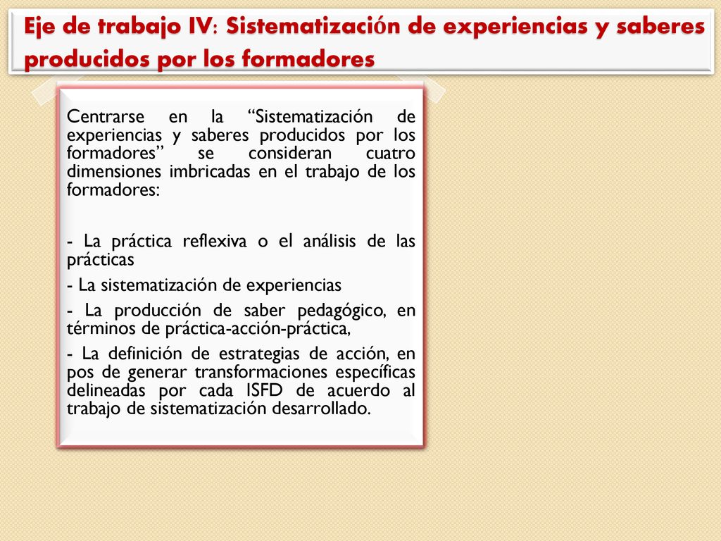 Eje de trabajo IV: Sistematización de experiencias y saberes producidos por los formadores