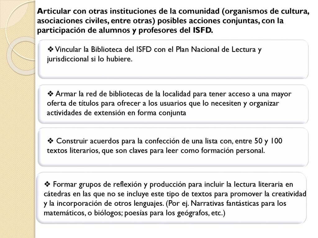 Articular con otras instituciones de la comunidad (organismos de cultura, asociaciones civiles, entre otras) posibles acciones conjuntas, con la participación de alumnos y profesores del ISFD.