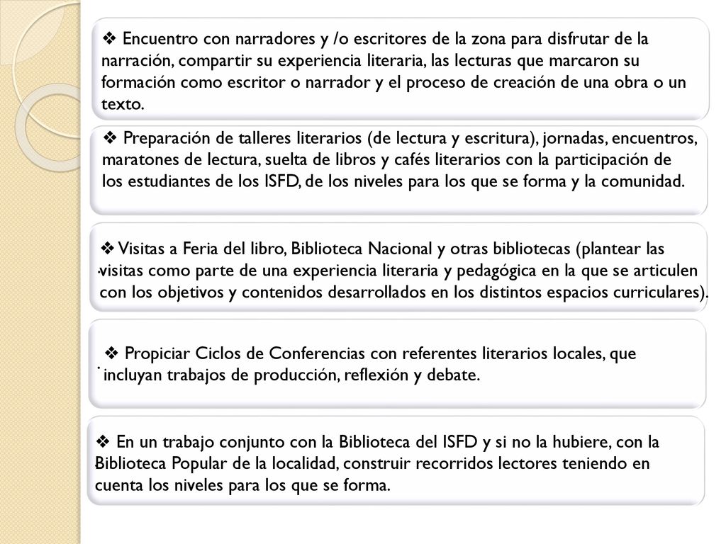 ❖ Encuentro con narradores y /o escritores de la zona para disfrutar de la narración, compartir su experiencia literaria, las lecturas que marcaron su formación como escritor o narrador y el proceso de creación de una obra o un texto.