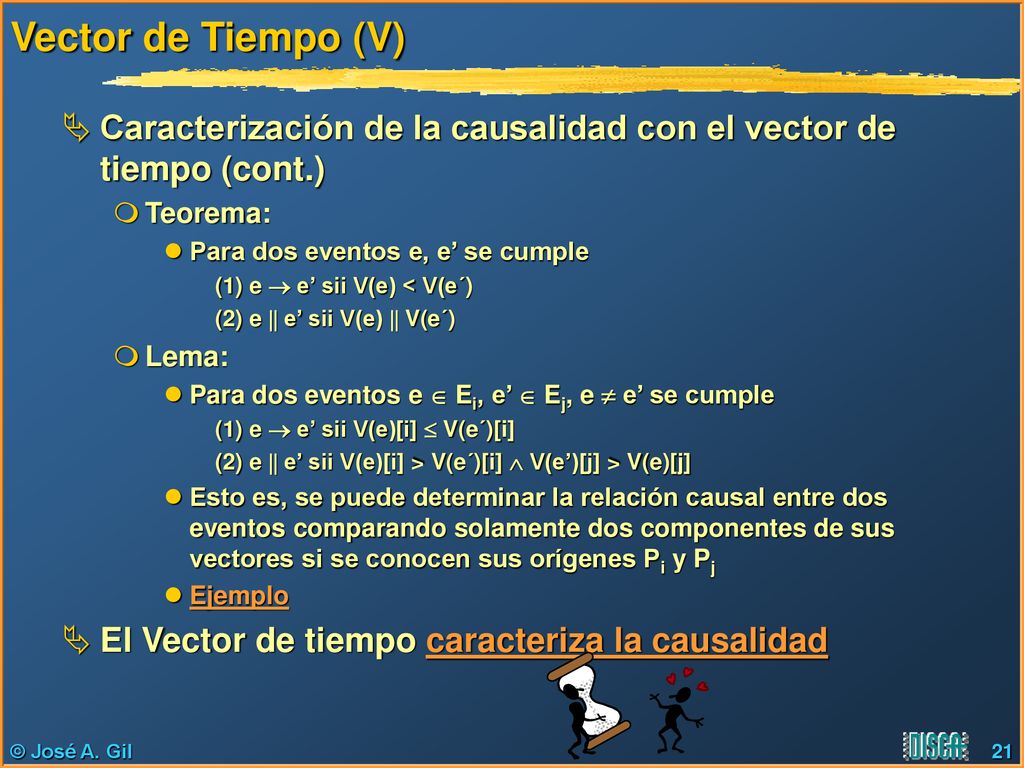 Vector de Tiempo (V) Caracterización de la causalidad con el vector de tiempo (cont.) Teorema: Para dos eventos e, e’ se cumple.