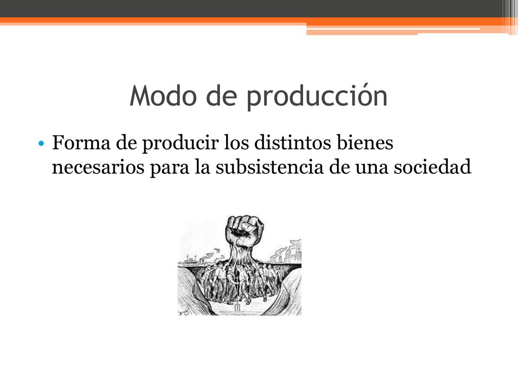Modo de producción Forma de producir los distintos bienes necesarios para la subsistencia de una sociedad.