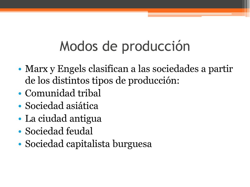 Modos de producción Marx y Engels clasifican a las sociedades a partir de los distintos tipos de producción: