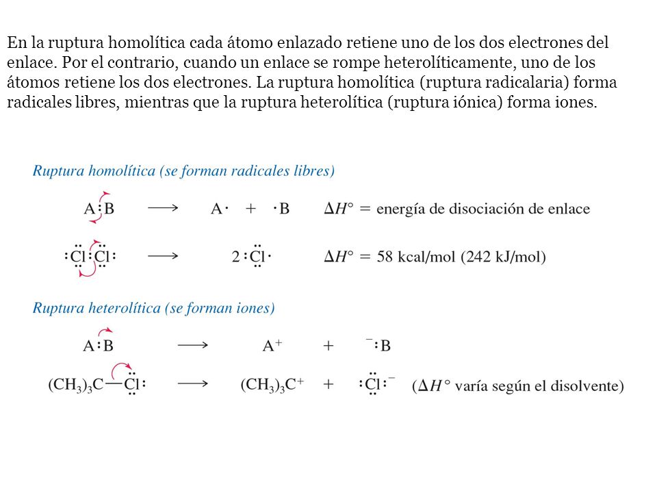 En la ruptura homolítica cada átomo enlazado retiene uno de los dos electrones del enlace.